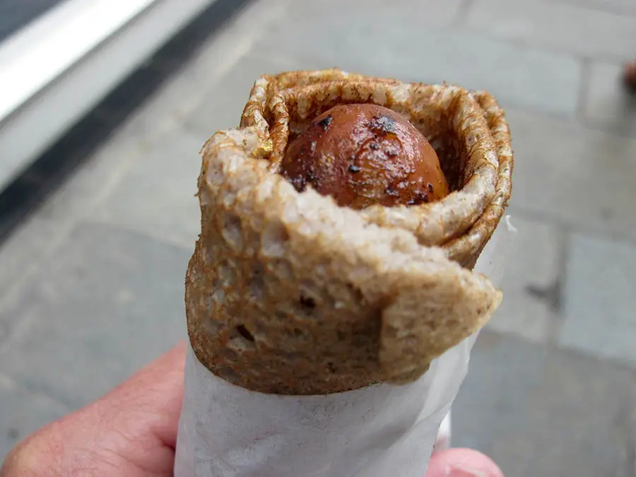 Galette saucisse (Sausage wrapped in buckwheat crêpe) - Delicious!.