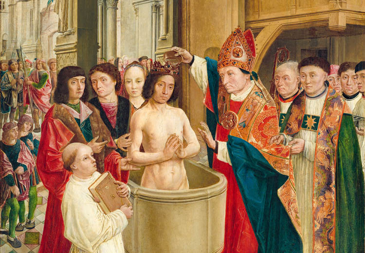 Clovis baptisé par l’évêque Saint-Remi de Reims. Tableau des Maîtres de Saint-Gilles, vers 1500. © National Gallery of Art, Washington