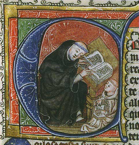 Saint Benoit expliquant la règle miniature du XIVe siècle.